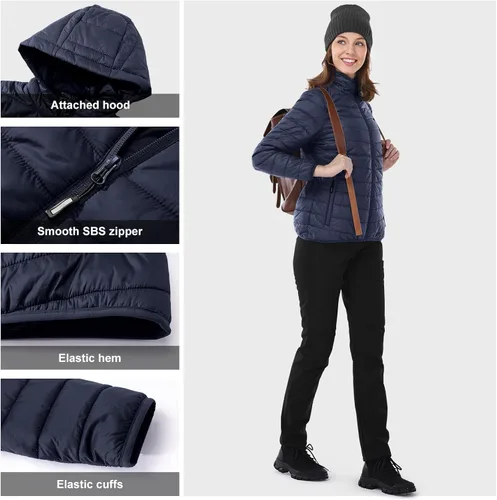 Vista 5 de Outdoor Ventures - Chaqueta acolchada ligera con cremallera completa para mujer, con capucha, abrigo de invierno acolchado