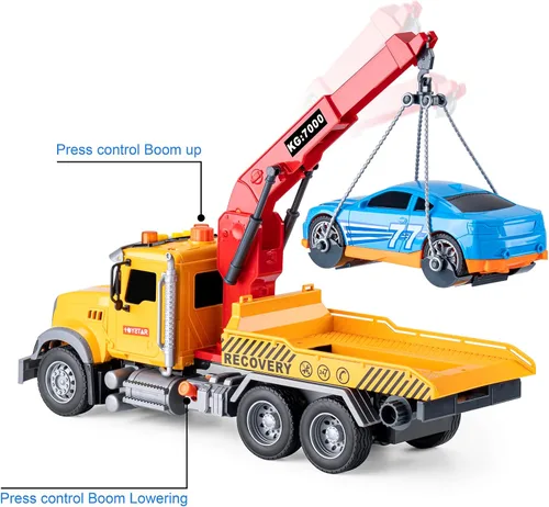 Vista 3 de Camiones de Remolque Grandes de Juguete con Gancho y Coche para Niños, Camiones de Juguete de Retroceso con Luz y Sonido para Niños
