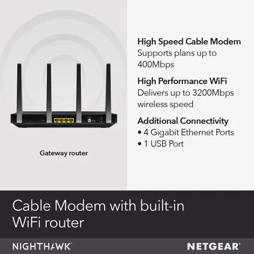 Vista 2 de NETGEAR C7500-100NAS NETGEAR Nighthawk X4 (24x8) AC3200 DOCSIS 3.0 Cable Modem WiFi Router Combo Gateway Certificado para Xfinity por Comcast
