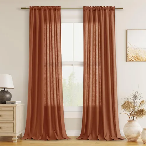 Vista 122 de Cortinas de lino verde aguamarina de 84 pulgadas de largo, juego de 2 paneles semitransparentes con bolsillo para barra para comedor, decoración
