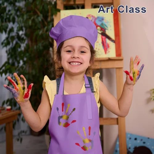 Vista 6 de Juego de delantal y sombrero de chef para niños, 24 piezas con 2 bolsillos ajustables para cocinar, aula, hornear, pintura, 6 a 13 años