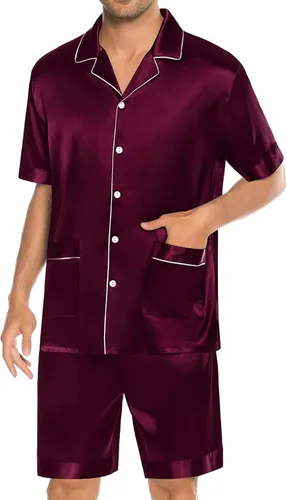 Vista 2 de SWOMOG Mens Silk Pajama Set 2 Pieces Short Sleeve Soft Satin Sleepwear Button Down Pj