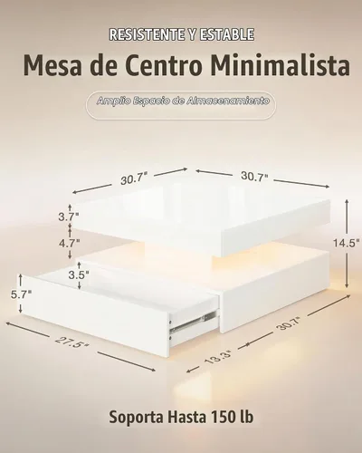 Vista 2 de FKWin Mesa de centro blanca para sala de estar, mesa de centro moderna con luces LED y almacenamiento, mesa central de sala de estar de alta