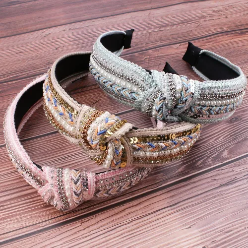 Vista 2 de TOBATOBA Diademas anudadas para mujer, paquete de 3 diademas con cuentas de perlas de diamantes de imitación, diademas bohemias con nudo superior