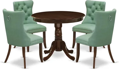 Vista 19 de East West Furniture ANDA5-AWA-12 - Juego de mesa de cocina de 5 piezas, incluye una mesa de comedor redonda con pedestal y 4 sillas Parson tapizadas