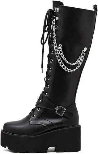 Vista 6 de Parisuit Botas góticas altas hasta la rodilla con hebilla de plataforma para mujer, tacón alto grueso, con cordones, botas de combate punk, con Negro