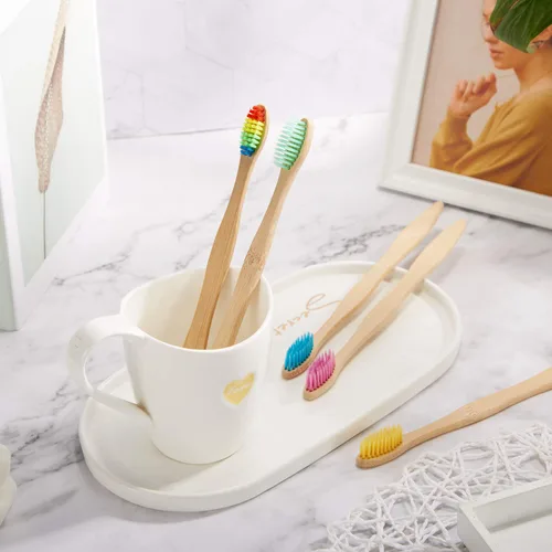 Vista 4 de Boao 40 cepillos de dientes de bambú, cepillo de dientes de carbón, cepillos de dientes de bambú con cerdas de nailon sin BPA (multicolor)