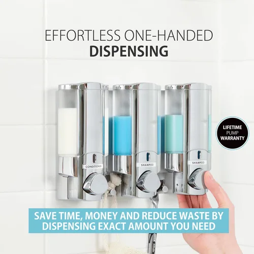 Vista 3 de Better Living Products 76345-1 Aviva, set de tres despachadores cromados. 3 Chamber, Wall Mount Shower Soap Pump Dispenser, Built-in Hooks, No