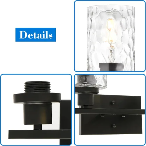 Vista 7 de MELUCEE Iluminación de pared interior 2 luces mate negra con vidrio martillado transparente, lámpara de pared moderna para tocador de baño