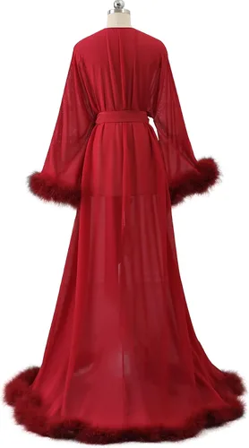 Vista 2 de Molisa Bata de plumas sexy de gasa transparente de lencería larga para boda, bufanda de ilusión, bata de baño, bata de novia