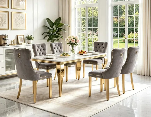 Vista 23 de Juego de 5 mesas de comedor de mármol sintético para 4 mesas de cocina de lujo de 68 pulgadas de oro blanco con 4 sillas tapizadas de terciopelo