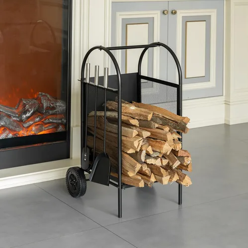 Vista 9 de Carrito de leña para patio interior y exterior, con ruedas y juego de herramientas para chimenea, color negro