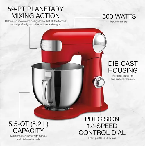 Vista 3 de CUISINART SM-50R Precision Master - Batidora de pie de 5,5 cuartos de galón (5,2 L), color rojo
