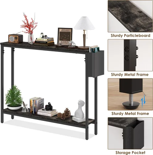 Vista 5 de Bigbiglife Mesa de Consola de Entrada de 39.4", Mesa de Sofá Estrecha Industrial de 2 Niveles con Estantes de Almacenamiento para Pasillo, Sala