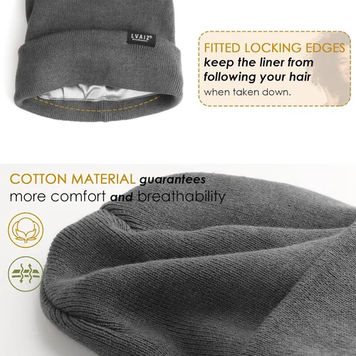 Vista 4 de Gorro de invierno con forro de satén para mujer, sombrero de reloj de punto con forro de seda, gorra unisex de calavera sólida