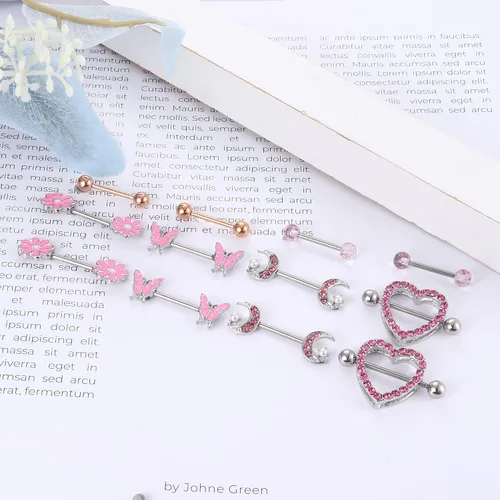 Vista 2 de Kakonia Juego de 6 pares de anillos de pezón de 14 G para mujer acero inoxidable 316L corazón mariposa luna circonita cúbica flor pezones joyería