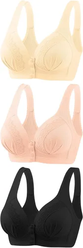 Vista 12 de Glamorette Snap Front Bra Older Women,Snap Front Bra, Sexy Lace Embroidered Bras,Pull-On Front Closure Button Bras 3 unidades de color negro.
