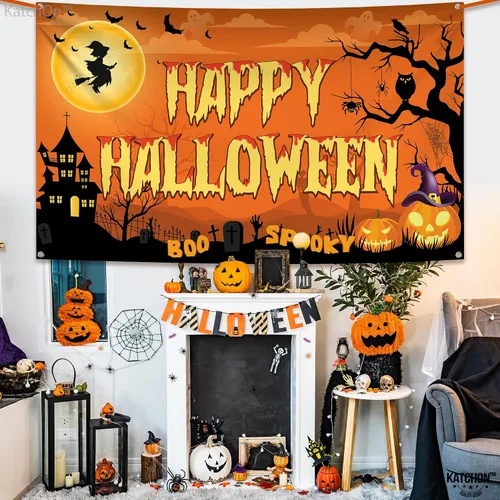 Vista 8 de KatchOn Pancarta espeluznante de Feliz Halloween, extragrande, 72 x 44 pulgadas, telón de fondo naranja de fotos de Halloween para decoraciones