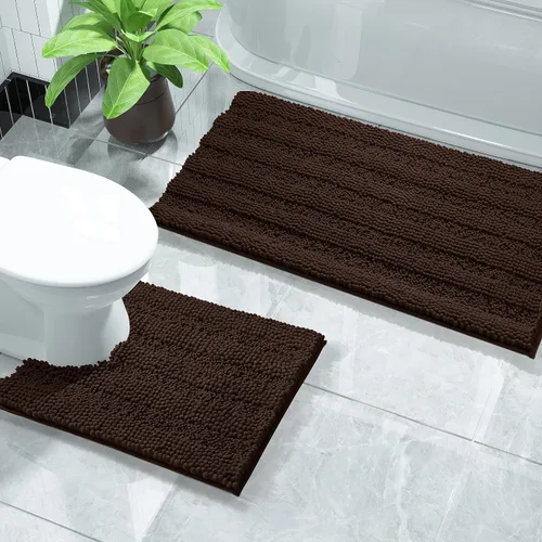 Vista 32 de Yimobra Juego de 2 alfombras de baño de felpilla suave y absorbente y alfombra para inodoro en forma de U, antideslizante, lavable a máquina