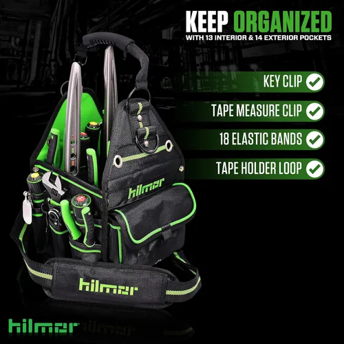 Vista 3 de Hilmor HT 1839078 - Bolsa de herramientas HVAC con 27 bolsillos, clip para llaves, lazo para cinta, correa para el hombro, herramientas y equipos