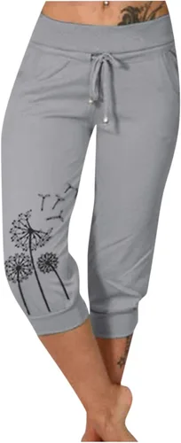 Vista 2 de Pantalones capri para mujer, estampado de diente de león, pantalones capri con cordón de cintura alta, elásticos, pantalones cortos de verano