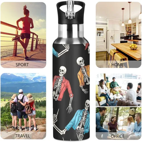 Vista 5 de BPA-Free Sport Water Bottle 32 Oz, Stainless Steel Water Bottle for Gym Outdoor Travel School, Human Skeletons Rock Roll Gesture