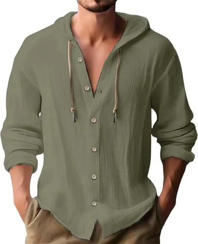 Vista 26 de Camisas de lino para hombre, casual, con botones, de verano, algodón, lino, con capucha, para playa, manga larga, con capucha