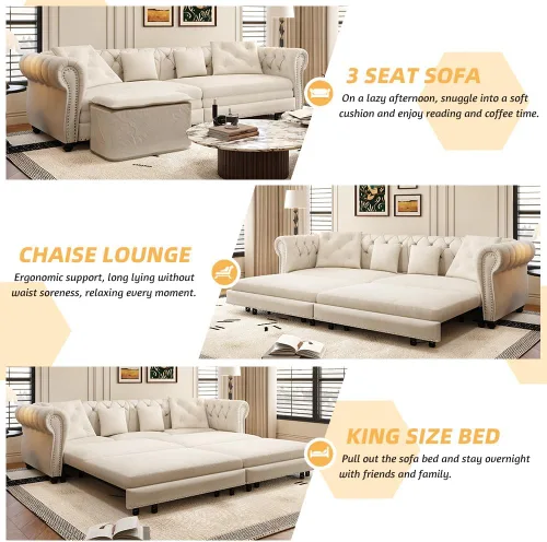 Vista 6 de Eafurn Sofá de dos plazas Chesterfield de gran tamaño 3 en 1, sofá cama convertible extraíble tamaño King con otomana movible y ribete de cabeza