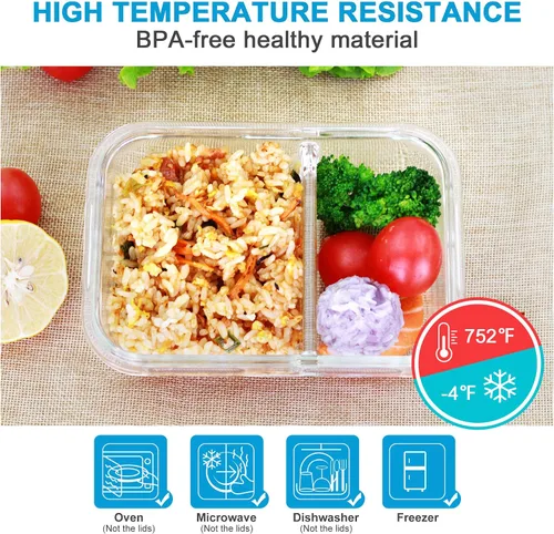 Vista 4 de Contenedores de preparación de comidas, 2 compartimentos con cuencos de vidrio con tapas, recipientes de almacenamiento de alimentos, recipientes