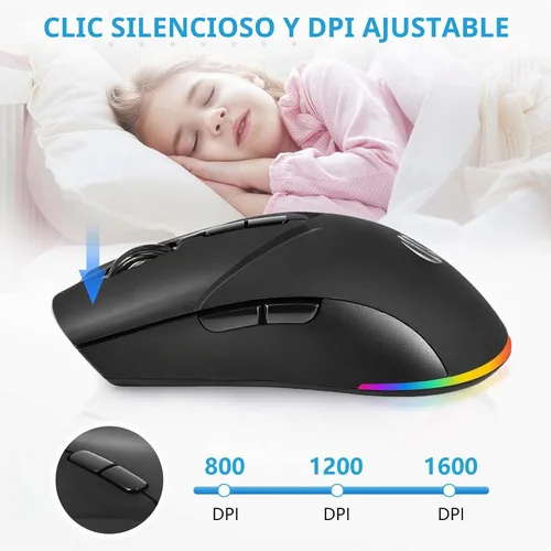 Vista 3 de Ratón inalámbrico, mouse recargable Bluetooth, modo dual BT 5.2 + 2.4G USB silencioso inalámbrico Bluetooth, diseño ergonómico RGB, mouse DPI