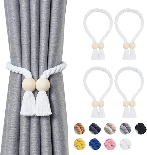 Vista 23 de NICEEC 2 Pack de Alzapaños Magnéticos de Madera en Forma de Cubo Boho para Decoración del Hogar, Alzapaños de Lino Tejidos a Mano para Cortinas Beige