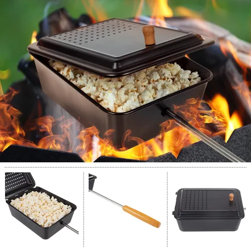 Vista 6 de Palomitas de Campamento - Fabricante de Palomitas de Estilo Antiguo con Acabado Antiadherente y Mango Extendido - Equipo de Cocina de Fogata