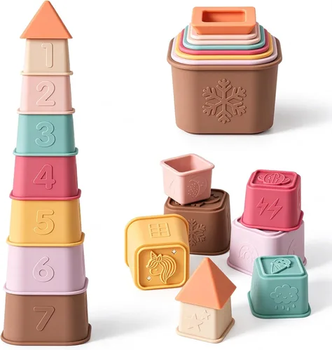 Vista 8 de Tazas Apilables para Bebés, Juguetes de Apilar de Silicona, Torre Educativa de Construcción para Bebés 6M+, Bloques de Construcción Blandos