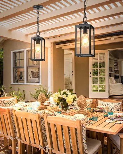 Vista 9 de VIANIS Luces colgantes al aire libre, lámparas colgantes exteriores para porche delantero, moderna iluminación exterior negra para patio con vidrio