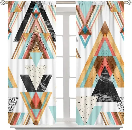 Vista 173 de Cortinas con patrón geométrico tribal, estilo suroeste, azteca, rústico, occidental, nativo americano, opacas, con bolsillo para barra, decoración