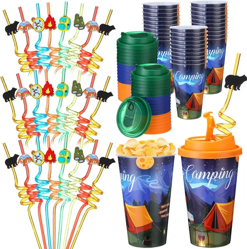 Vista 19 de Yungyan 16 juegos de tazas de golosinas con tapas y pajitas para decoraciones de cumpleaños, reutilizables, 16 onzas, vasos de plástico para dulces