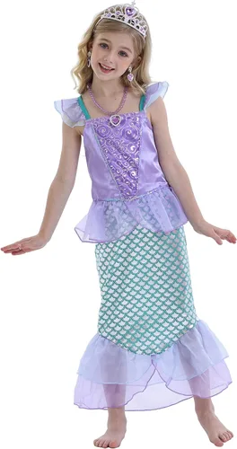 Vista 2 de HenzWorld Little Mermaid Princess Dresses for Girls Mermaid Costume Birthday Party Dress up Outfit Jewels Accessories