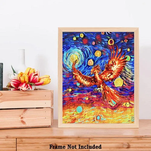 Vista 6 de Bestbuddy Pet 8X10 sin marco noche estrellada inspirada Phoenix Bird Inmortal Firebird Animales Amante Familia Paz Amor Pintura al óleo Impresión