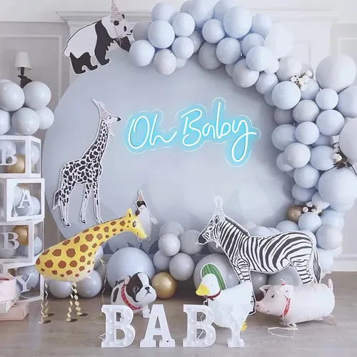Vista 3 de Letrero de neón azul Oh Baby con modos de atenuación para revelación de género, decoraciones de baby shower, luces LED de neón para fiesta