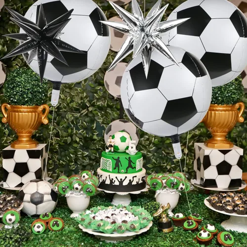 Vista 4 de 6 globos de fútbol, 3 globos de papel de aluminio con forma de estrella puntiaguda para decoraciones de fiesta de fútbol, globos de Mylar de fútbol