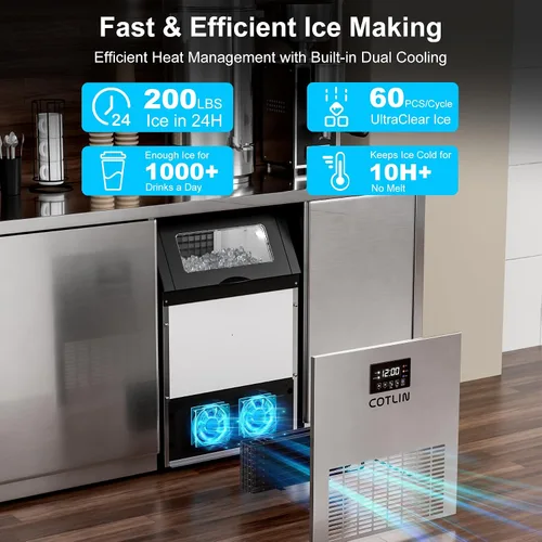 Vista 2 de COTLIN - Máquina comercial para hacer hielo de 200 libras en 24 horas, 60 cubitos por ciclo, con depósito de almacenamiento con aislamiento de más