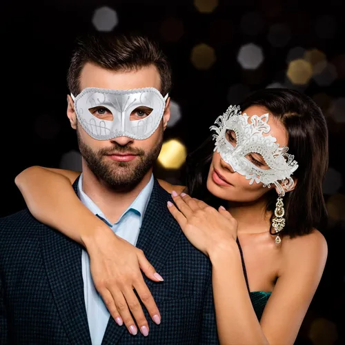 Vista 3 de Máscaras de metal para parejas, máscara veneciana de Halloween, máscara de Mardi Gras, disfraz de fiesta de cosplay, fiesta de boda, máscara