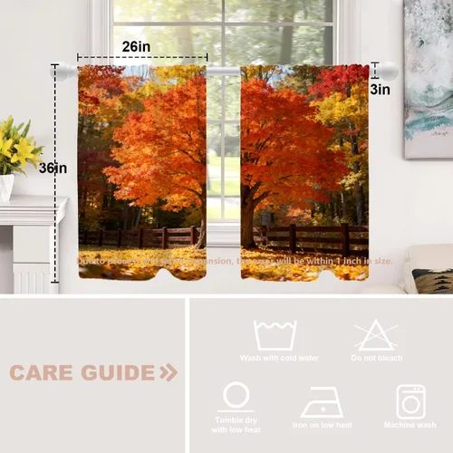 Vista 372 de Shrahala Orange Autumn Autumn Blackout Curtain Tiers, Fall Kitchen Valance Light Blocking Tier Drapes with Rod Pocket, 2 Pack 26 X 24 in