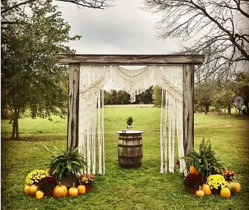 Vista 2 de Telón de fondo bohemio de macramé para boda, estilo bohemio, elegante, para colgar en la pared, tapiz de macramé, cortina de macramé y arco