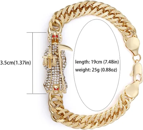 Vista 2 de Pulsera Santa Muerte Diamante Chapado en Oro 24K Santa Muerte Colgante Joyería con hoz Regalo de vacaciones (Oro), Acero inoxidable, brazanita