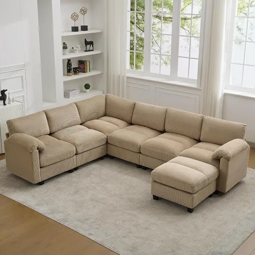 Vista 54 de Sofá modular de 61 pulgadas con otomana, asiento extra profundo para sala de estar, sofá de asiento profundo de pana con almohadas para Beige