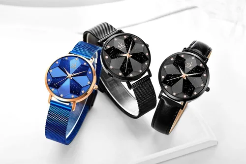Vista 7 de SK Shengke - Reloj ultra delgado de creativo diseño minimalista floral o de cielo estrellado con extensibles de piel genuina o acero