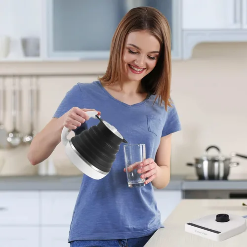 Vista 6 de Hervidor eléctrico plegable de silicona de grado alimenticio ultrafino con control de temperatura variable con doble voltaje, apagado automático