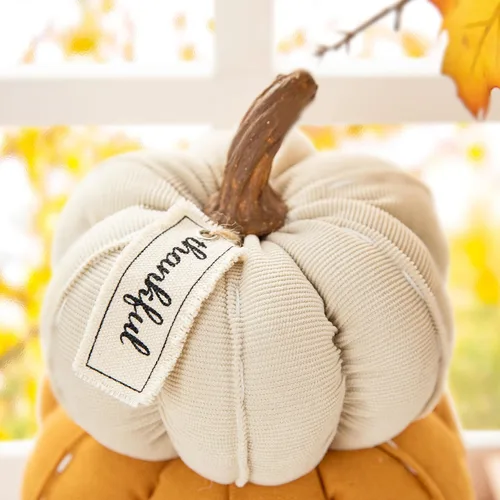 Vista 3 de Glitzhome Decoración de calabazas artificiales de otoño, calabazas de tela apilada, decoración del hogar, decoración de bandeja interior de otoño