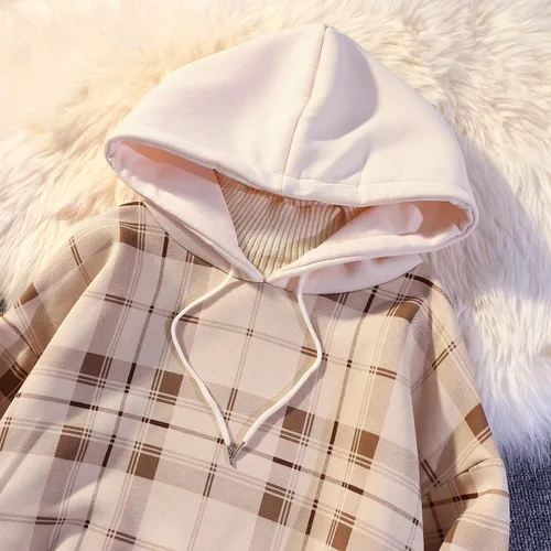 Vista 2 de Skateboard Frog Ropa de otoño e invierno para mujer, sudaderas con capucha a cuadros falsas de dos piezas, cuello de tortuga de vellón, suéter